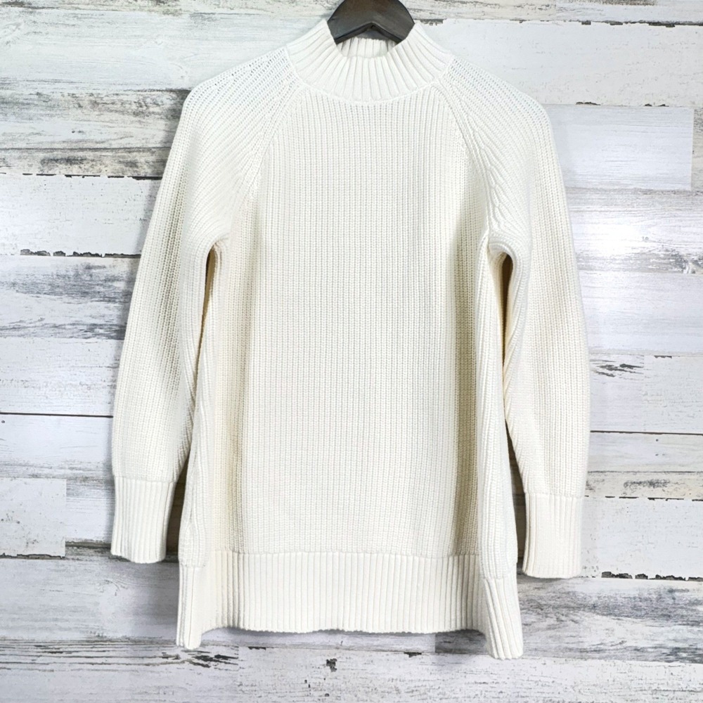 Lands End Drifter Womens Cream Mock Neck Long Sleeve Cotton Long Sweater Size S